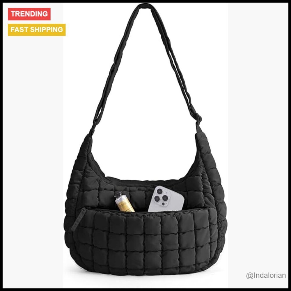 Quilted Puffy Hobo Crossbody Bag Adjustable Strap Chic Fluffy Shoulder Handbag